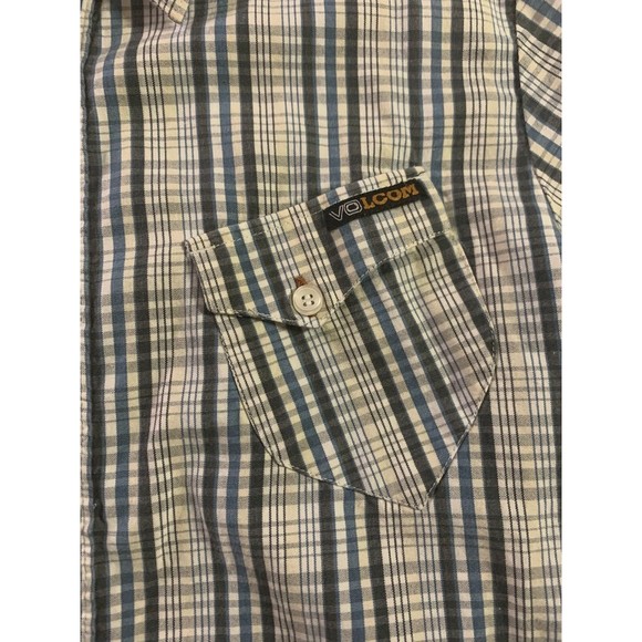 Volcom Boy's Blue White Plaid Button Up Shirt Short Sleeve Large 12Y - Picture 3 of 10